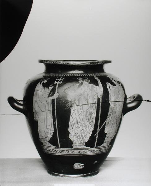 Poddasze czerwonofigurowe stamnos przedstawiające Posejdona, Zeusa i Herę, 525-400 pne (ceramika) autorstwa Greek
