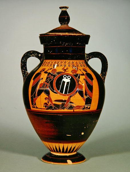 Amfora brzuszna przedstawiająca Priama i Achillesa, ok. 550 pne (ceramiczna) (patrz także 288279 i 293741-42) autorstwa Greek
