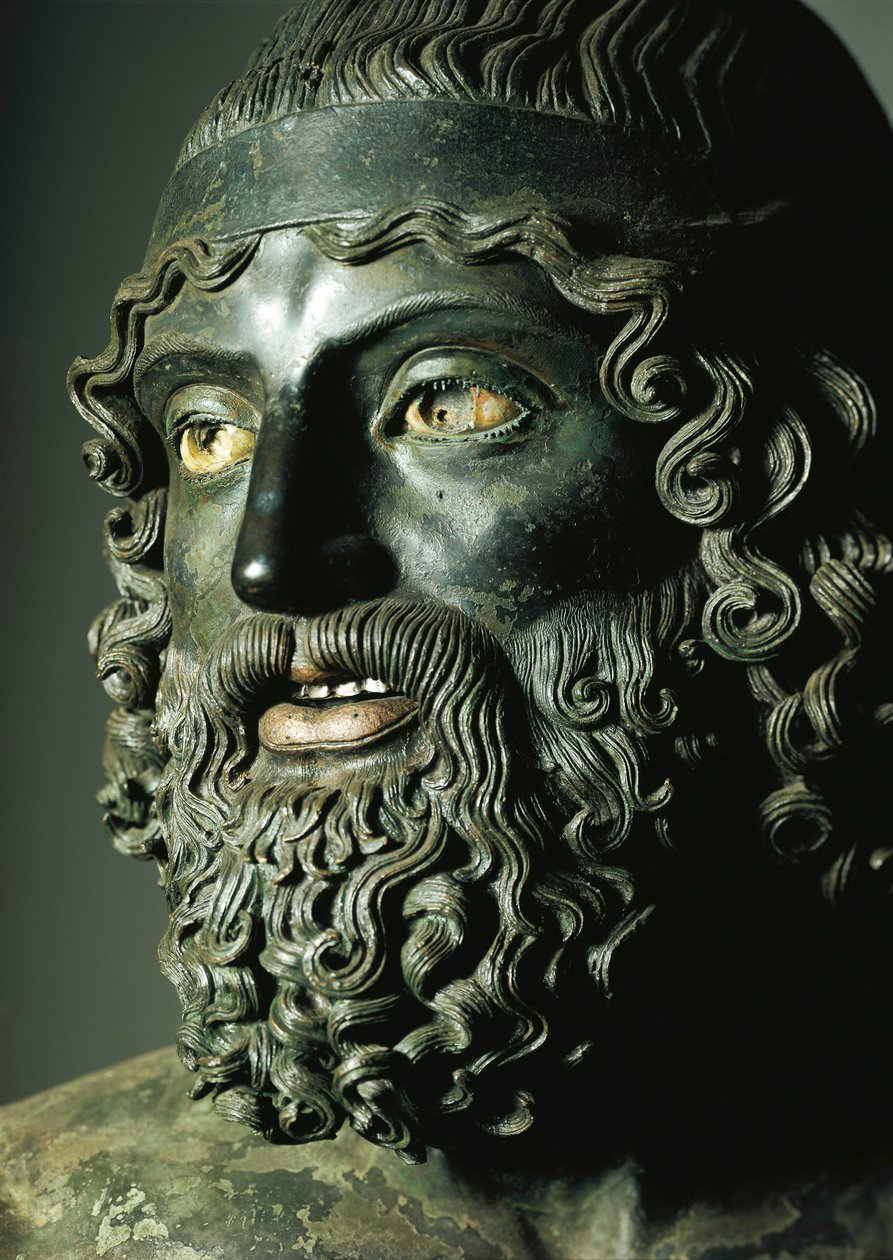 Szczegół głowy Statuy A lub Młodszego z brązów Riace (brąz) pne autorstwa Greek