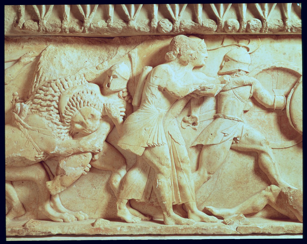 Fragment północnego fryzu Skarbca Syfnijskiego przedstawiający bogów walczących z olbrzymami, ok. 525 r. p.n.e. marmur autorstwa Greek