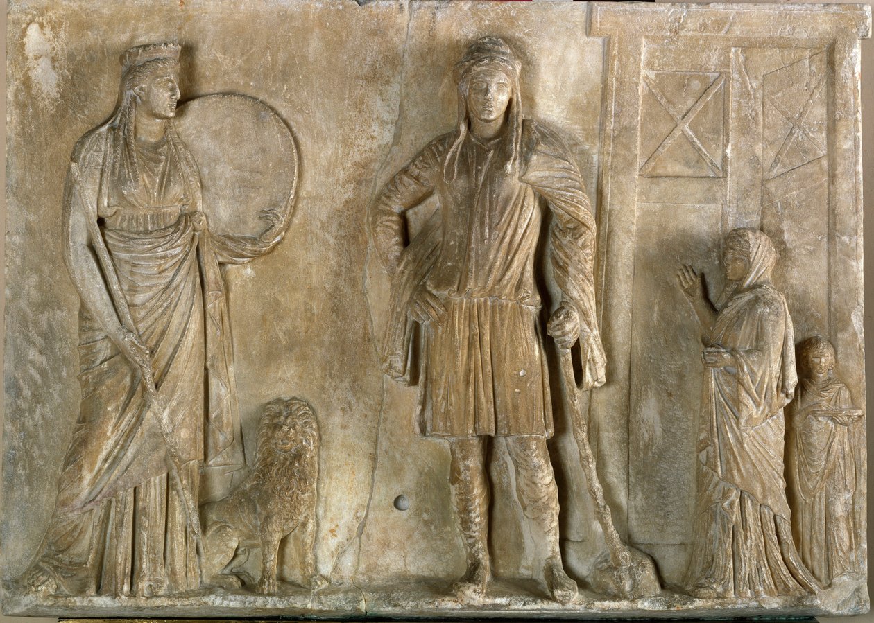 Sztuka grecka: „”bóstwo frygijskie Kybele i Attis, jego syn i kochanek”” Marmurowa płaskorzeźba z II wieku p.n.e. Muzeum Archeologiczne w Wenecji autorstwa Greek