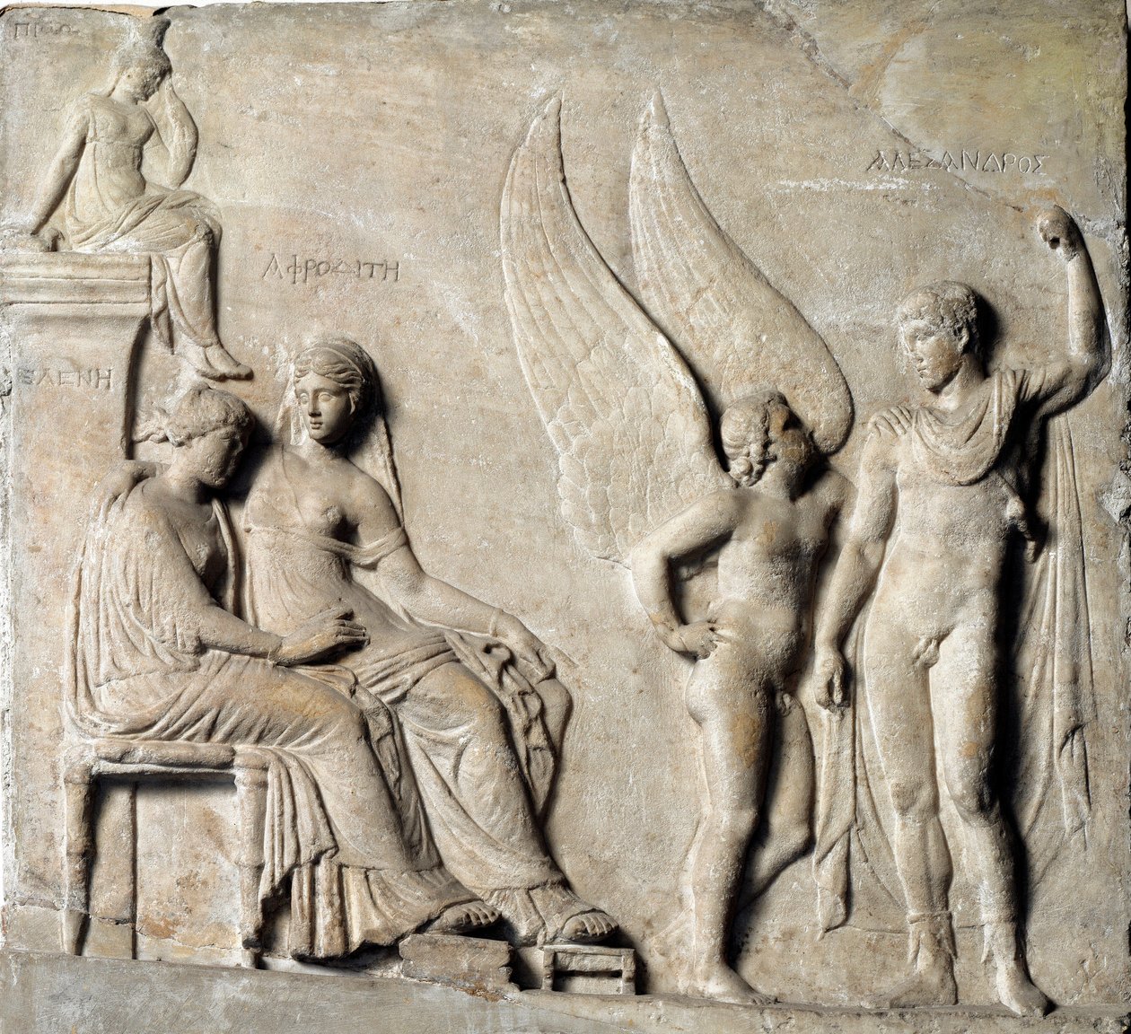 Sztuka grecka: „” Książę Sparty Paryska uwodzicielka Helena z Troi, reprezentowana jest Afrodyta””” Marmurowy relief z greckiego oryginału. I wiek p.n.e. Museo Archeologico Nazionale, Neapol - Paryż, książę Sparty i Helena Trojańska, z Afrodytą - Relief z  autorstwa Greek