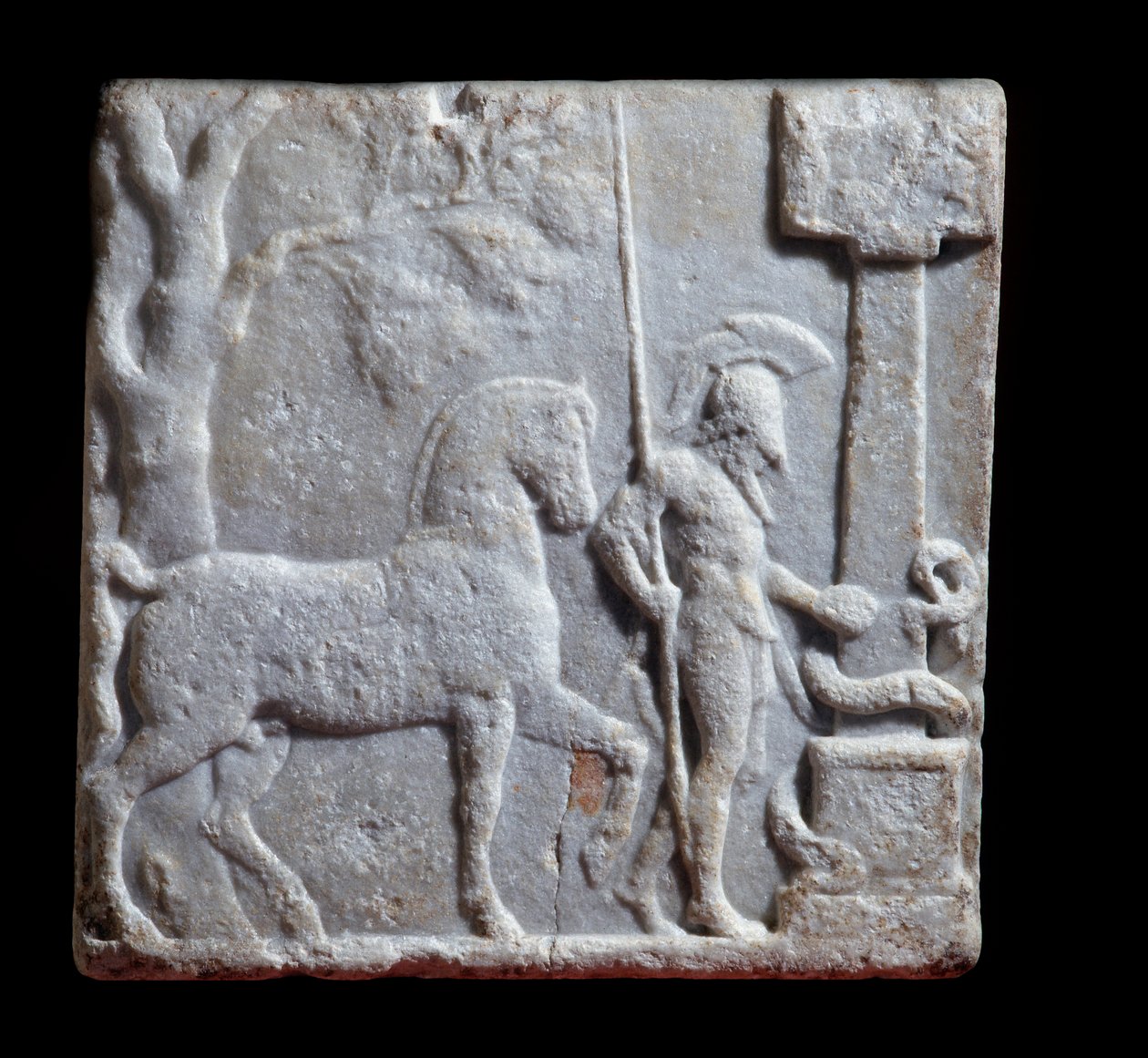 Sztuka grecka: marmurowa stela decoree jeźdźca z koniem, koniec II - początek I wpne, wym. 52x52x9 cm Mantua - Palazzo Ducale, Coll statuaria, inv n 6669 - Sztuka grecka: marmurowa stela z płaskorzeźbą przedstawiającą jeźdźca i konia, II-I wiek p.n.e. (52 autorstwa Greek