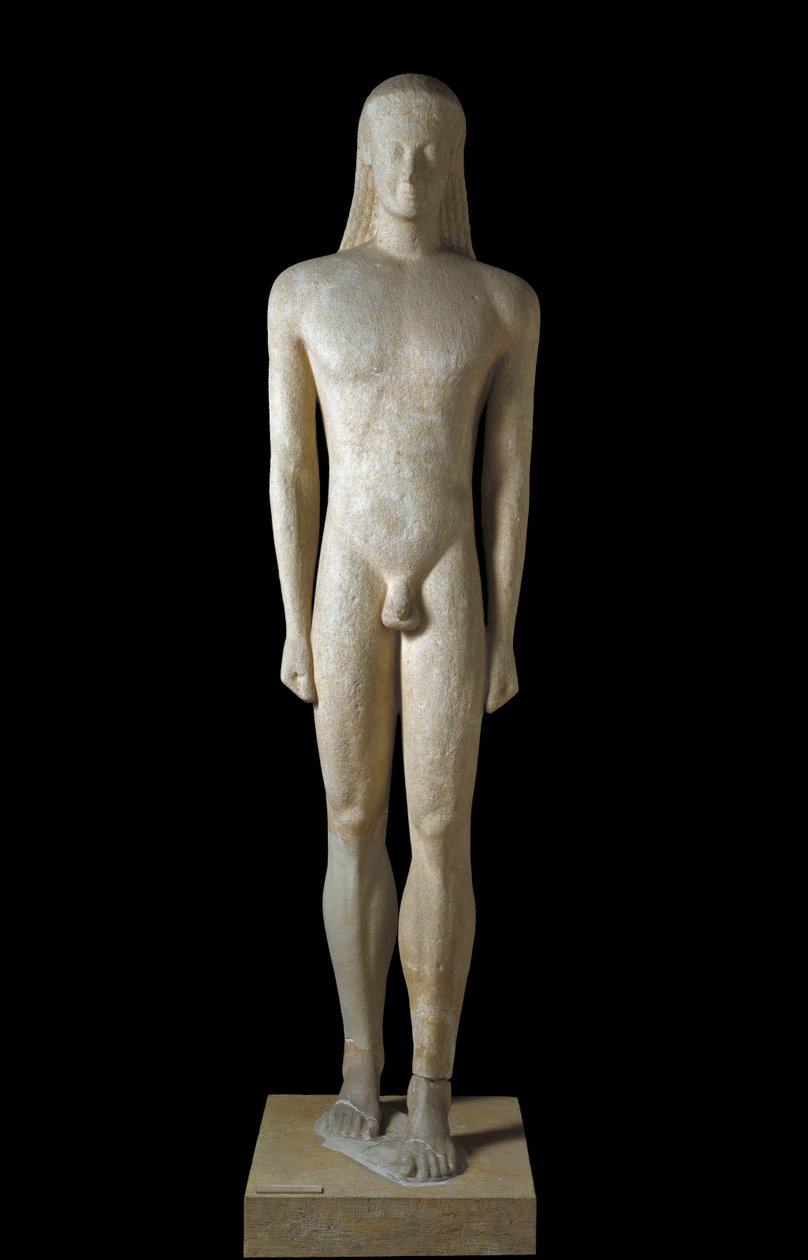 Sztuka grecka: posąg Kourosa, rzeźba młodzieńca z okresu archaicznego (650-500 pne), 530-520 pne, From Melos, Dim. 1,94 m - Ateny, Narodowe Muzeum Archeologiczne - Kouros - Archaiczna rzeźba grecka (650-500 pne), z Melos, 530-520 pne (H.194 cm) - Natio autorstwa Greek