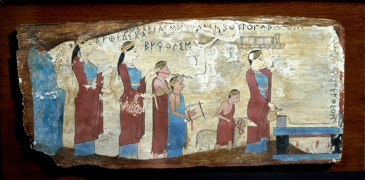 Grecka starożytność: ofiara z baranka. Farba do drewna z Sycyonu w Zatoce Korynckiej. VI wiek p.n.e. Ateny, Narodowe Muzeum Archeologiczne autorstwa Greek
