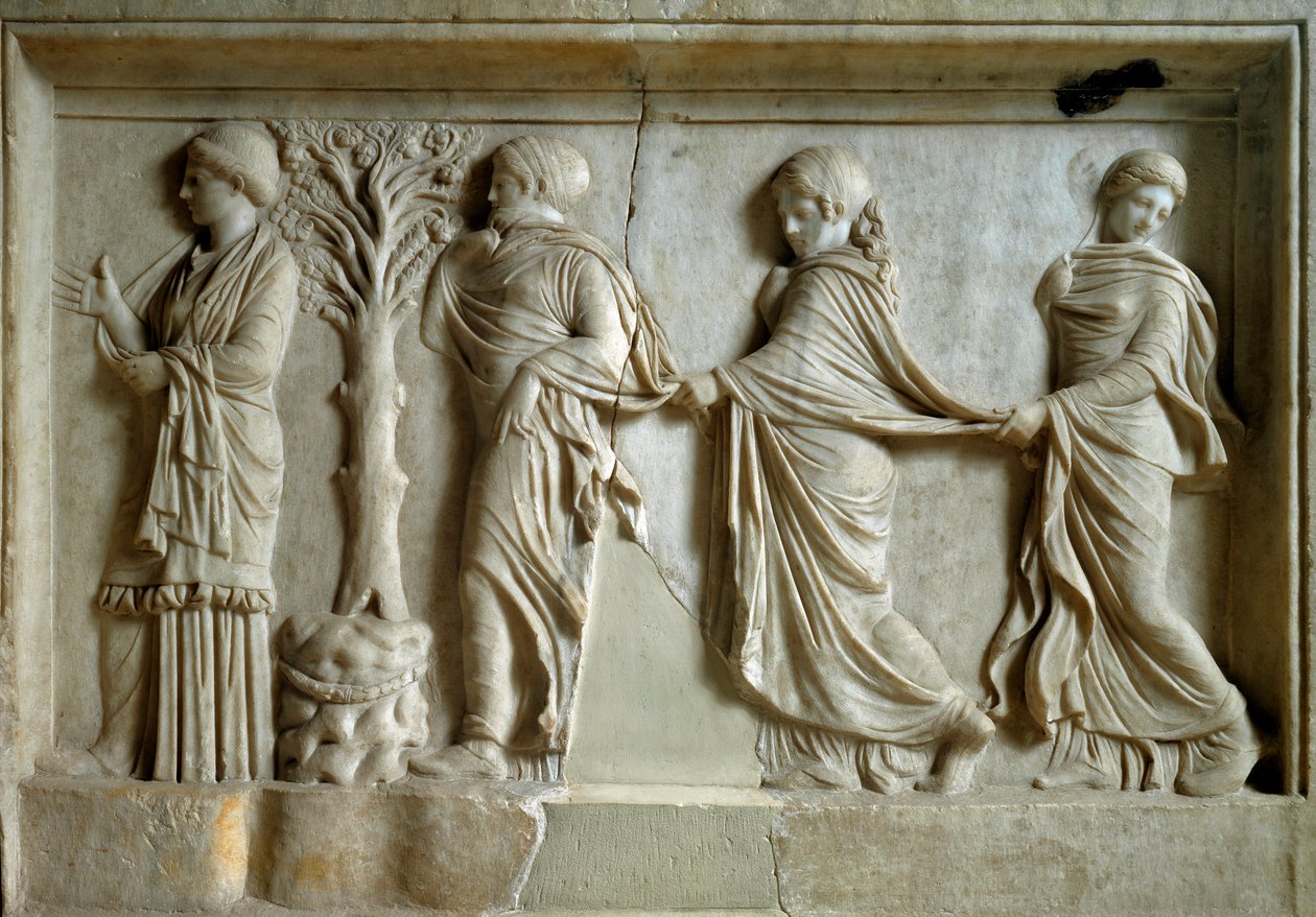 Sztuka grecka: płaskorzeźba przedstawiająca trzy nimfy podążające za młodą kobietą. II wiek p.n.e. Ateny, Muzeum Piree autorstwa Greek