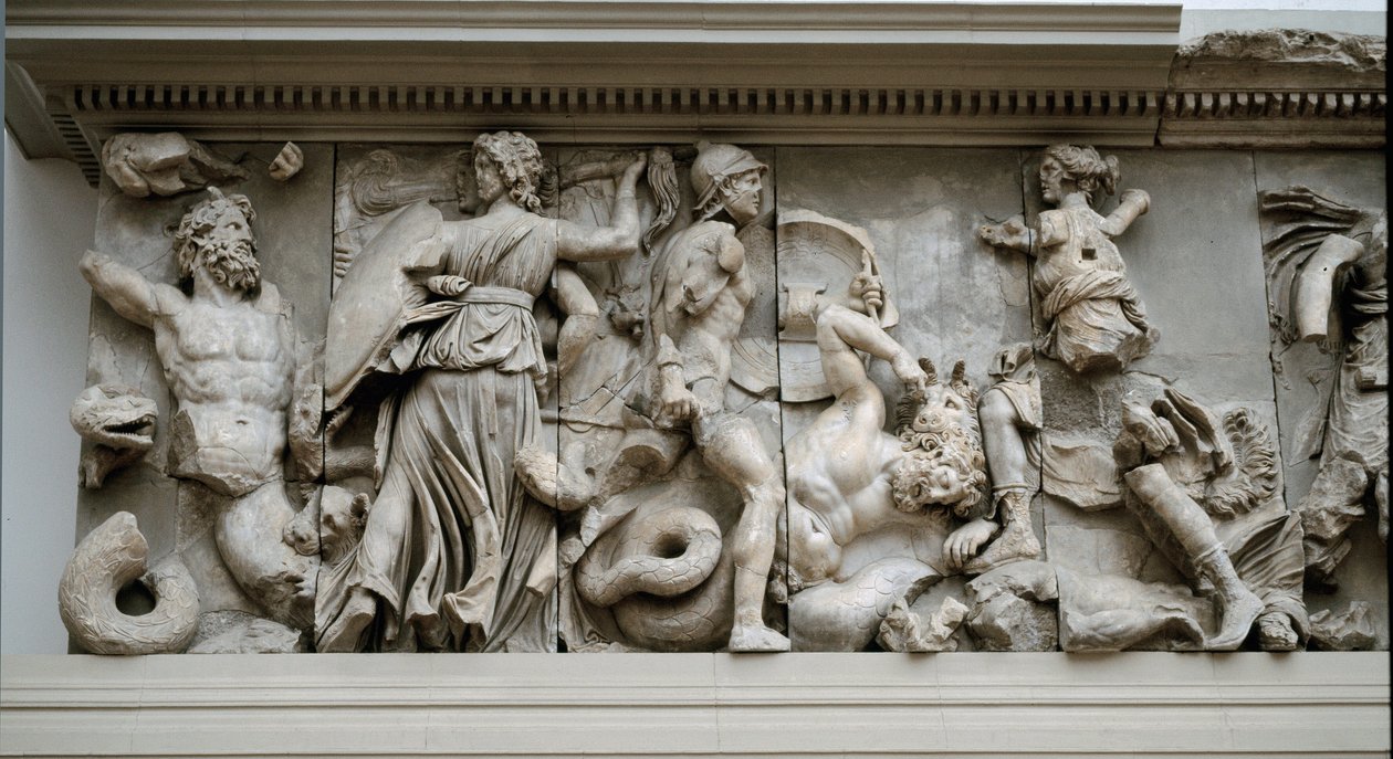 Sztuka grecka: przedstawienie Hekate i Artemidy. Fryz ołtarza Zeusa Pergamona, płaskorzeźba Eumene II autorstwa Greek