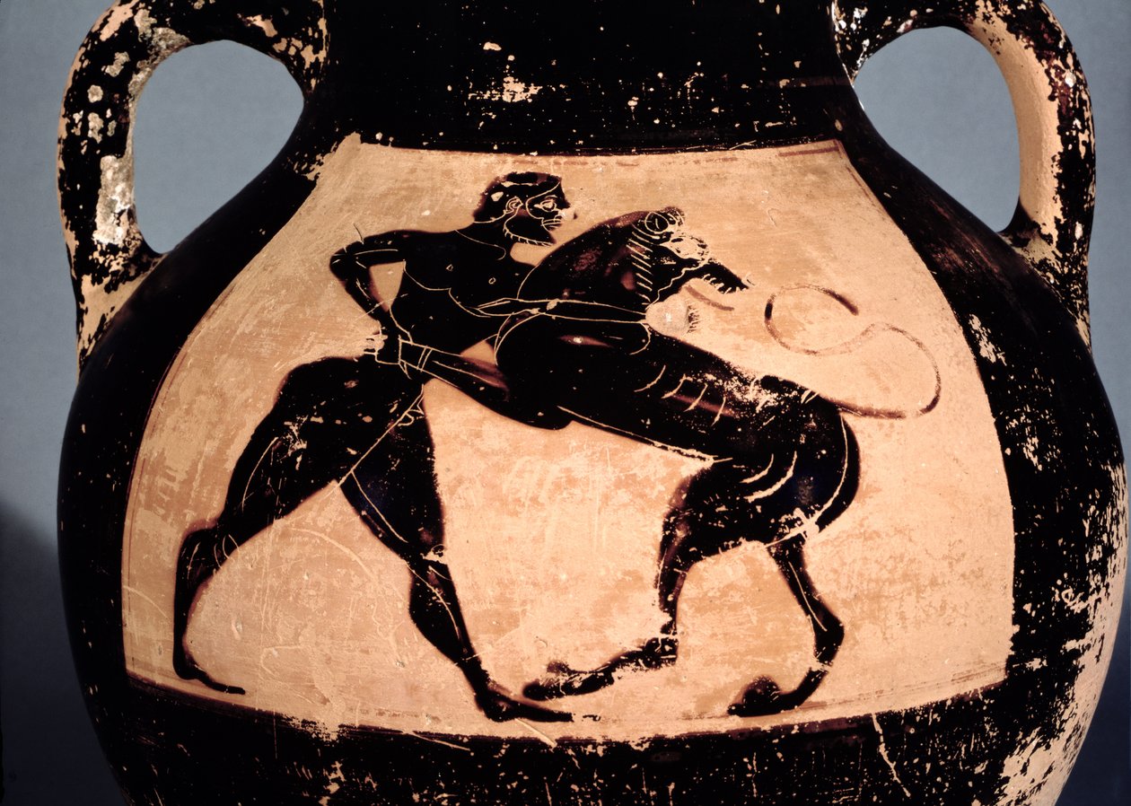 Herakles walczący z lwem nemejskim, detal z attyckiej amfory z czarną figurą (ceramika) autorstwa Greek