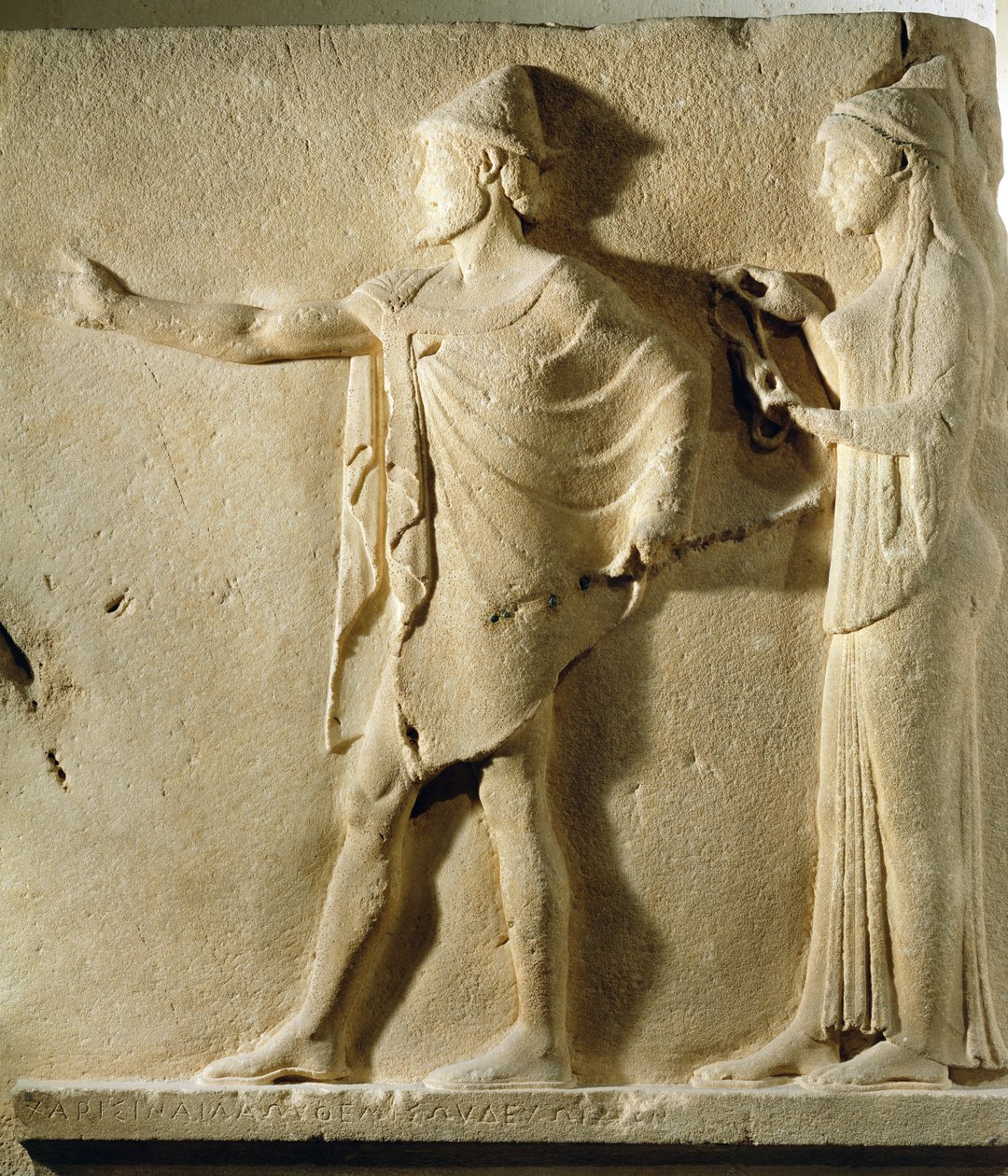 Hermes agoraios i organizacja charytatywna, płaskorzeźba z Pasażu Teorii, z Thasos, c.470 pne (marmur) (patrz także 346624) autorstwa Greek