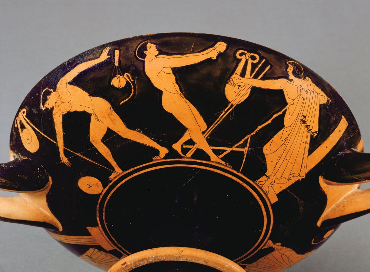 Kielich Kylix przedstawiający sportowców i sympozjistów, ok. 480 pne (ceramiczny) (patrz także 293740) autorstwa Greek