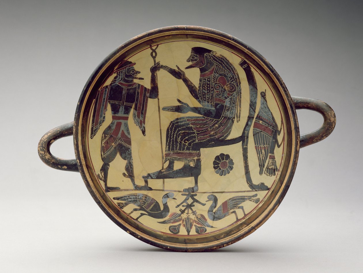 Lakoński puchar kylix przedstawiający Zeusa i Hermesa, ok. 550-530 pne (glina) (patrz także 288296 i 288298) autorstwa Greek