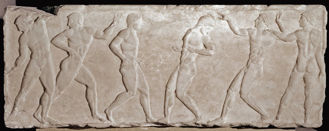 Marmurowe pończochy z płaskorzeźbami przedstawiające sześciu sportowców. 510 -500 p.n.e. Z Akropolu Ateny. Narodowe Muzeum Archeologiczne, Ateny autorstwa Greek