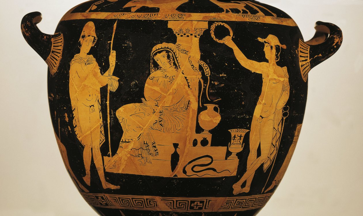 Czerwonofigurowy krater przedstawiający Orestesa, Elektrę i Pyladesa przy grobie Agamemnona (ceramika) autorstwa Greek