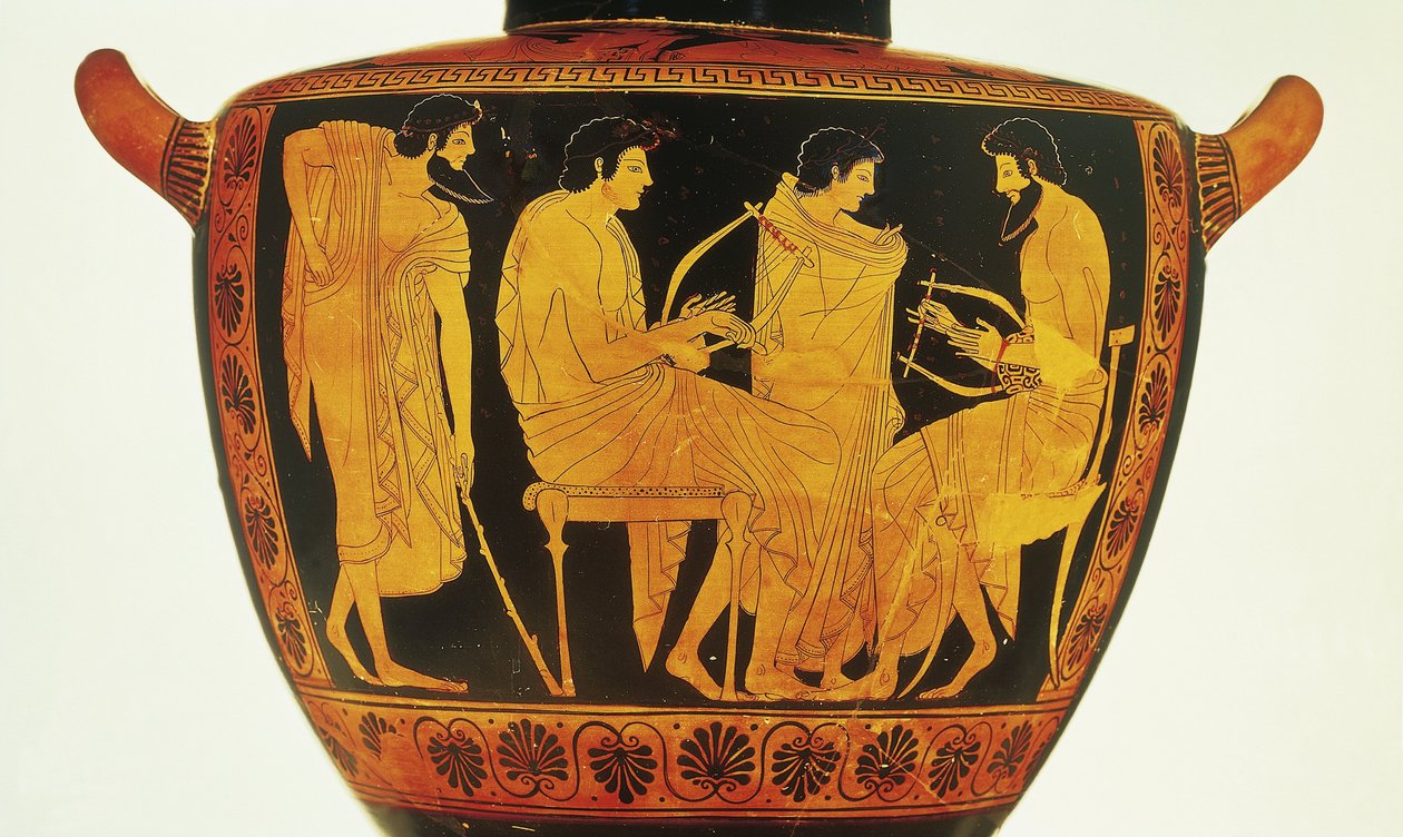 Ceramika z czerwoną figurą, attycka hydria Fintiasza przedstawiająca lekcję muzyki autorstwa Greek