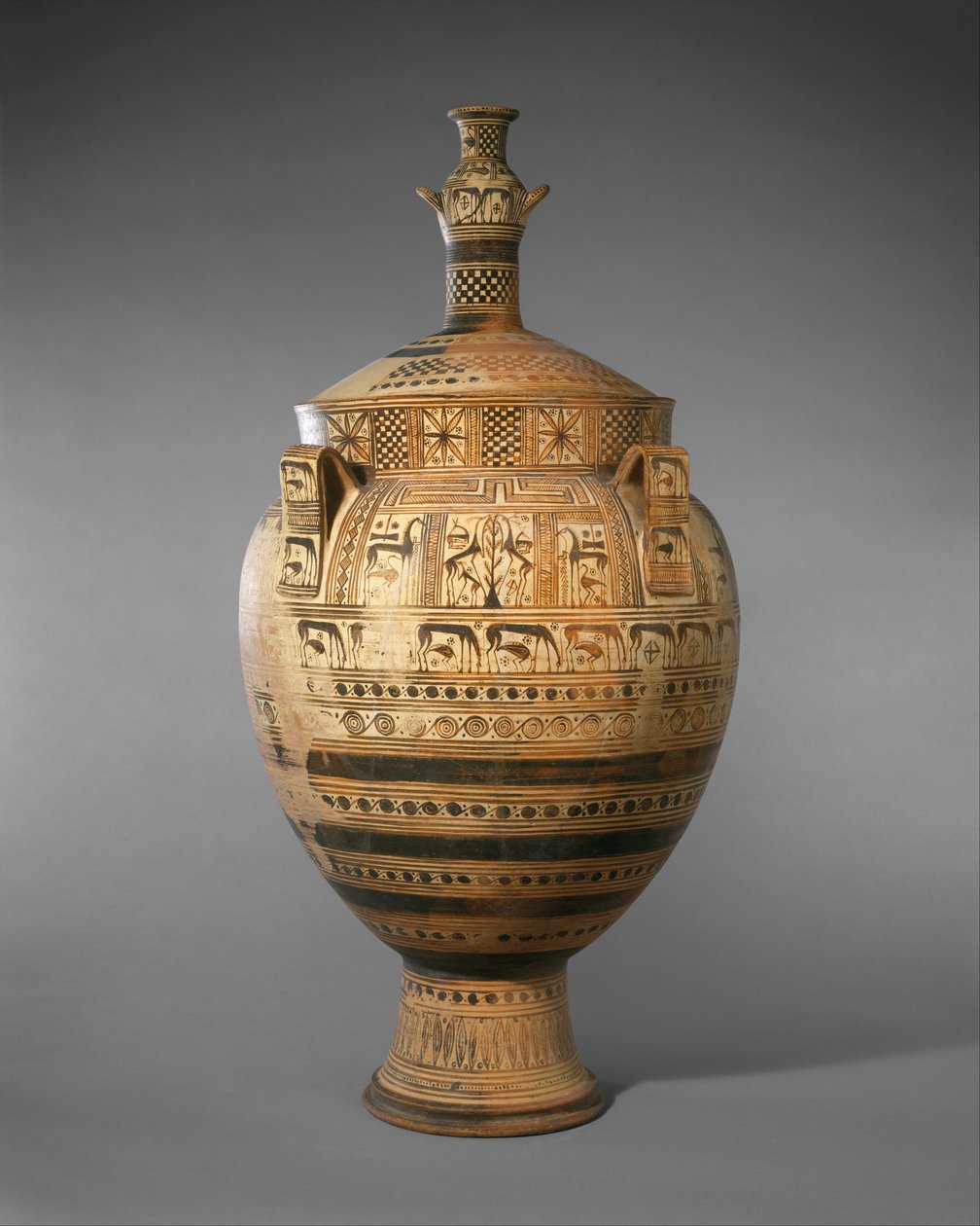 Krater z terakoty z pokrywą zwieńczoną małą hydrią, ok. 1900 r. 750-740 pne (terakota) autorstwa Greek