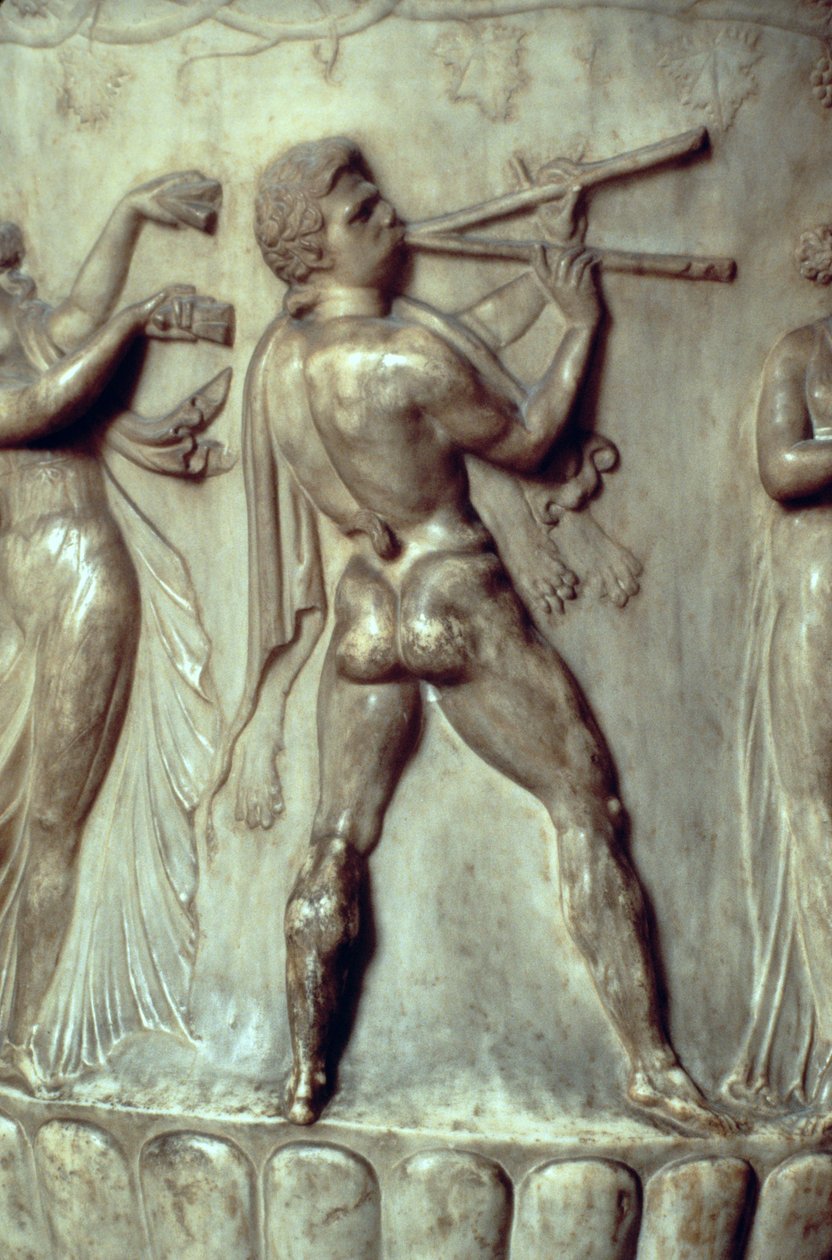 Krater lub waza Borghese, fragment płaskorzeźby przedstawiający mężczyznę grającego na podwójnym flecie, neo-poddasze, marmur ok. 40-30 pne autorstwa Greek