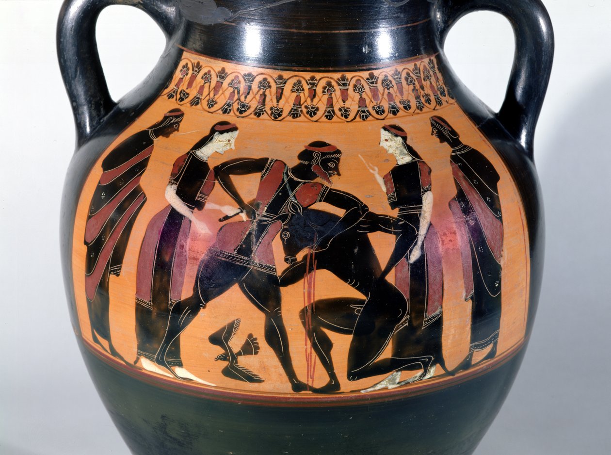 Tezeusz walczący z Minotaurem, fragment amfory czarnofigurowej ze strychu (ceramika) autorstwa Greek