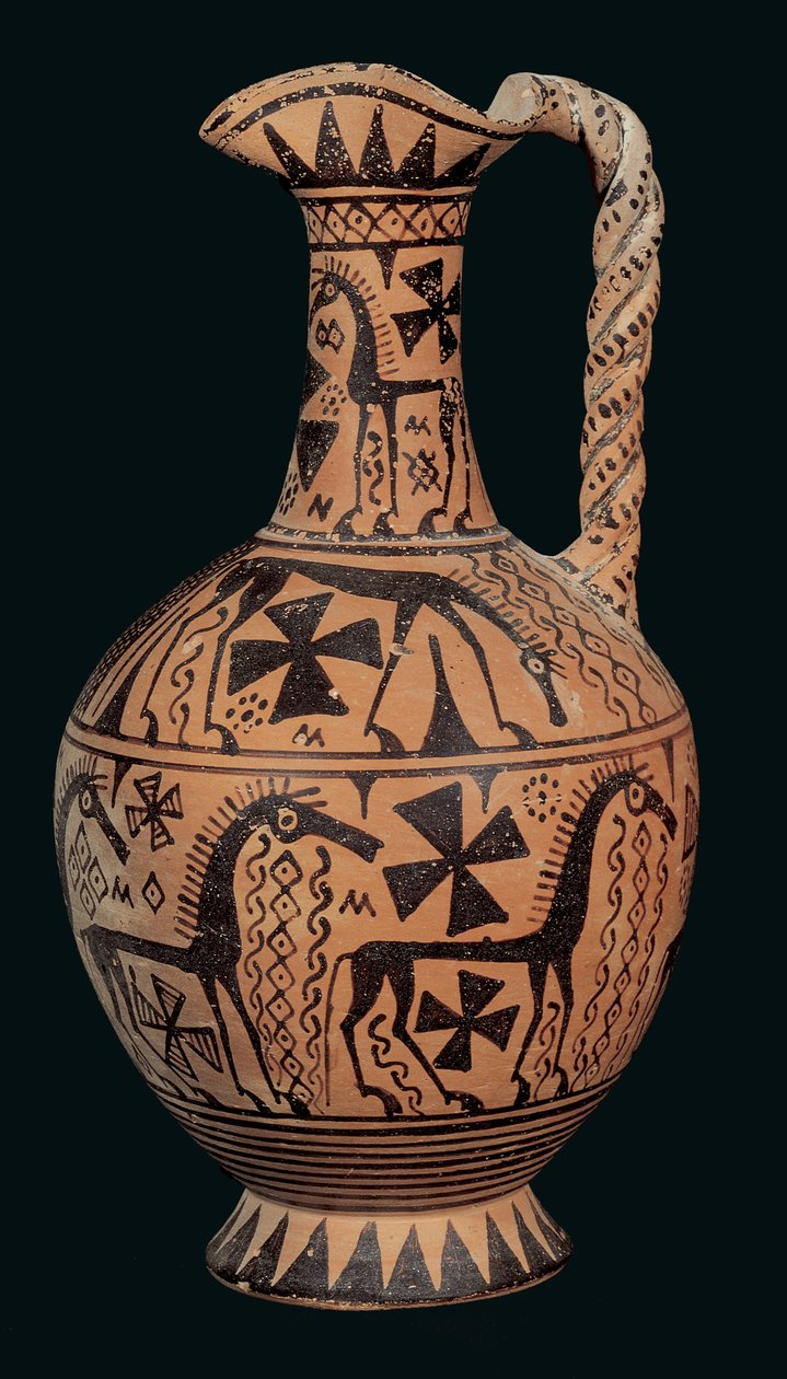 Oinochoe z koniczyny ozdobione końmi, ze Skyros, Sporady, okres orientalizacji (675-650 p.n.e.) (malowana glina) autorstwa Greek