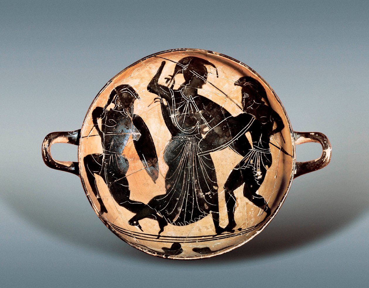 Wojna trojańska: Bogini Atena walcząca między Hectorem a Achillesem. VI wiek p.n.e. Kylix (kubek do picia) ma czarne figury w ceramice, Muzeum Archeologiczne Katalonii, Barcelona. autorstwa Greek