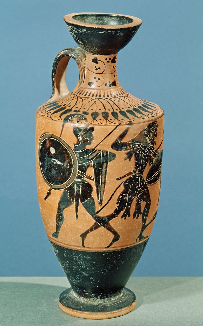 Lekythos w stylu strychowym, przedstawiający Herkulesa i Amazonki (ceramika) autorstwa Greek School