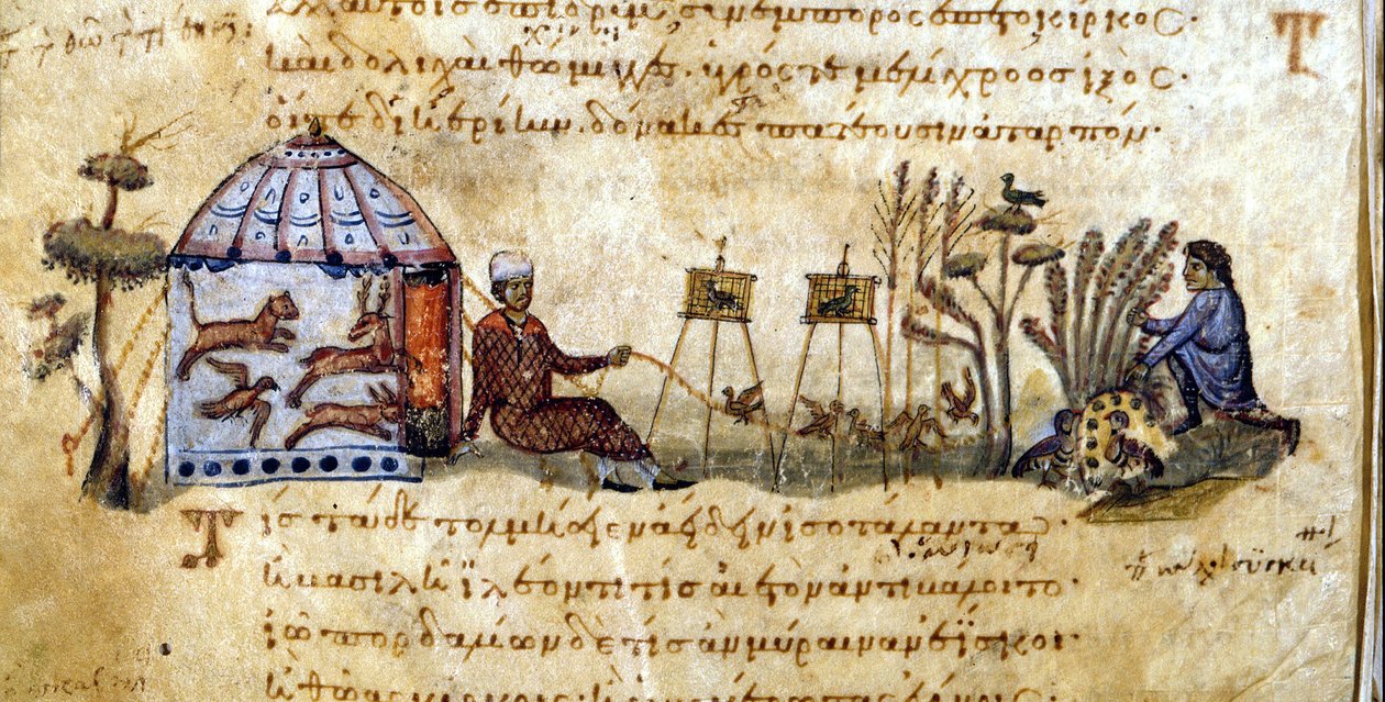 Ptaki wzywające - w "Polowaniu" Oppianusa, grecki rękopis z XIII wieku. Biblioteca Marciana. Wenecja autorstwa Greek School