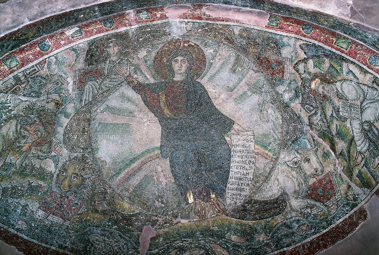 Chrystus wstąpił do nieba w otoczeniu czterech ewangelistów, mozaika w kościele Hosios David, lub Catholicon z klasztoru Latomos (lista światowego dziedzictwa UNESCO autorstwa Greek School