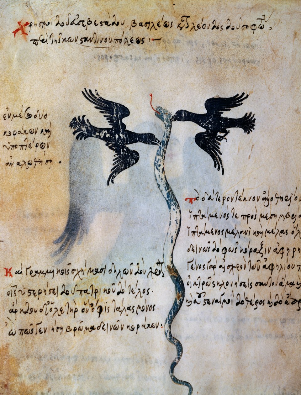 Wizerunek Konstantynopola pomiędzy dwoma krukami, miniatura z wyroczni Leona VI Mądrego autorstwa Greek School