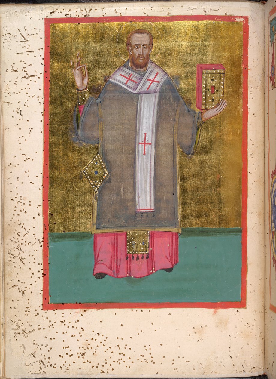 Egerton 2392, f.5v, Miniatura stojącego Jana Chryzostoma trzymającego księgę, z „Leitourgikon, w tym nabożeństwa i modlitwy” autorstwa Greek School
