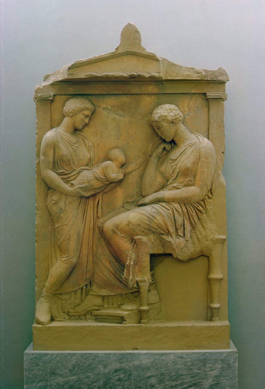 Stela nagrobna przedstawiająca służącą trzymającą niemowlę do siedzącej kobiety (marmur) autorstwa Greek School