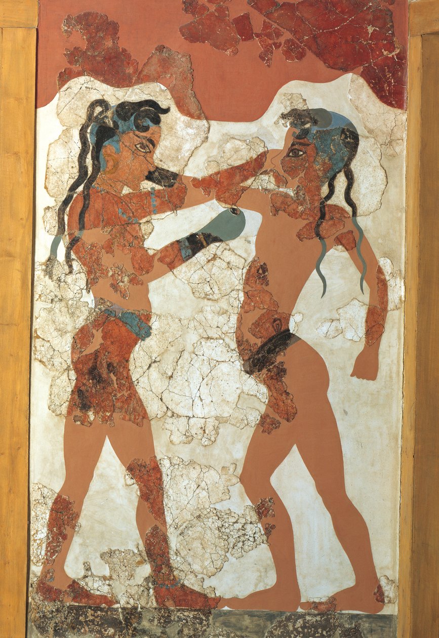 Cywilizacja grecka, fresk przedstawiający młodych bokserów, z Akrotiri, wyspa Thera, Santorini, Grecja autorstwa Greek School
