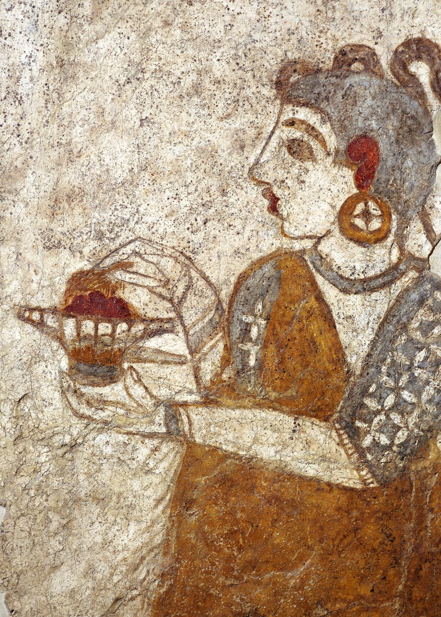 Cywilizacja grecka, fresk przedstawiający kapłankę palącą kadzidło, z Akrotiri, wyspa Thera, Santorini, Grecja autorstwa Greek School