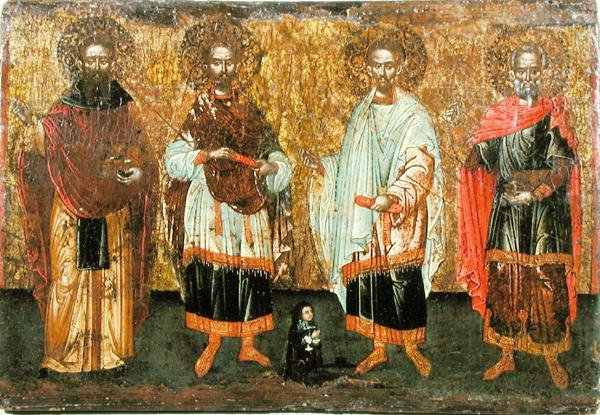 Ikona przedstawiająca SS. Kosma i Damian (olej na panelu) autorstwa Greek School