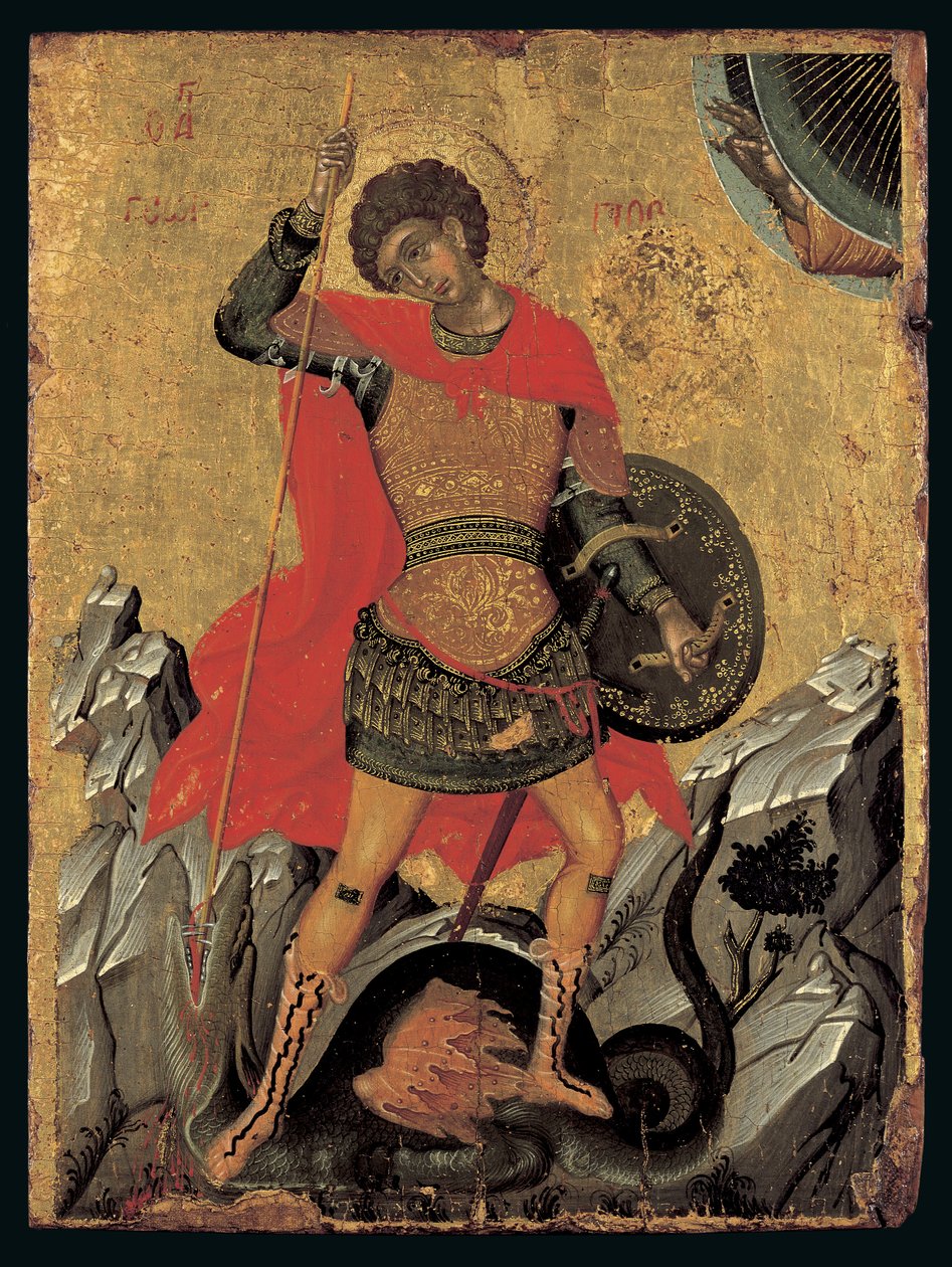 Ikona św. Jerzego zabijającego smoka (tempera jajeczna na panelu) autorstwa Greek School