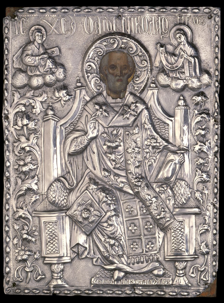 Ikona św. Mikołaja z odlewem srebra, 1768 (tempera jajeczna i miedź na drewnie) autorstwa Greek School