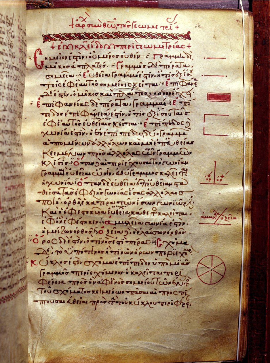 Strona tekstu z figurami geometrycznymi, z Geometrii Euklidesa (III wiek p.n.e.) autorstwa Greek School