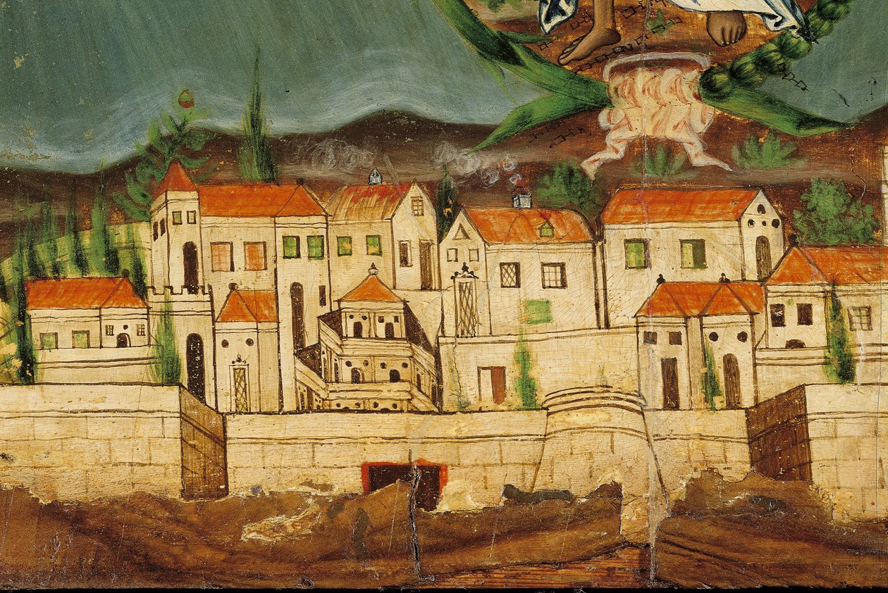 Pelmet przedstawiający Odrodzenie Grecji, detal Konstantynopola, z Syros, Cyklady (tempera jajowa na drewnie) autorstwa Greek School