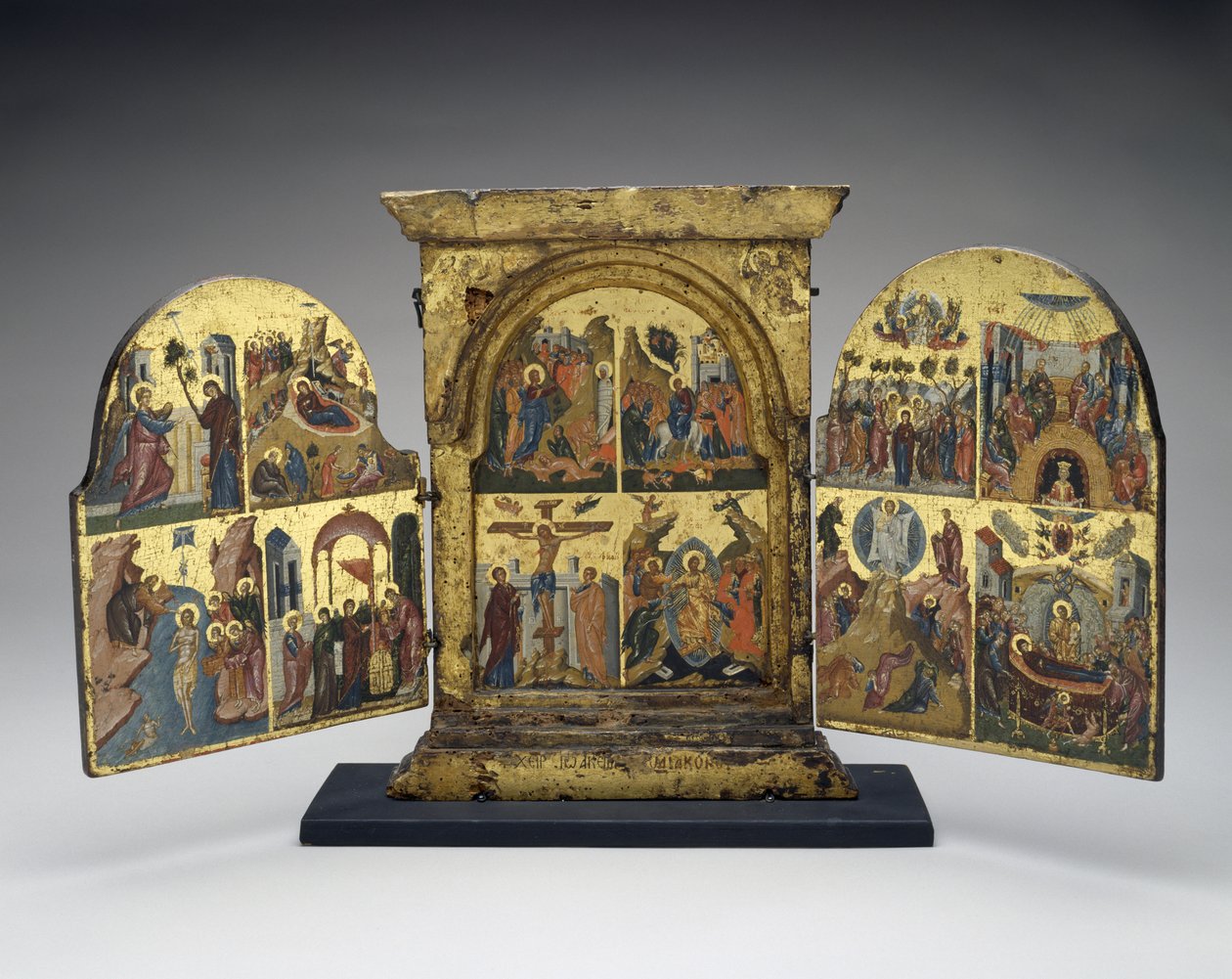 Wskrzeszenie Łazarza; Wjazd do Jerozolimy; Ukrzyżowanie; Zejście Chrystusa do piekła (płyta środkowa), II poł. XVI w. (tempera ze złotą listwą na drewnie) autorstwa Greek School
