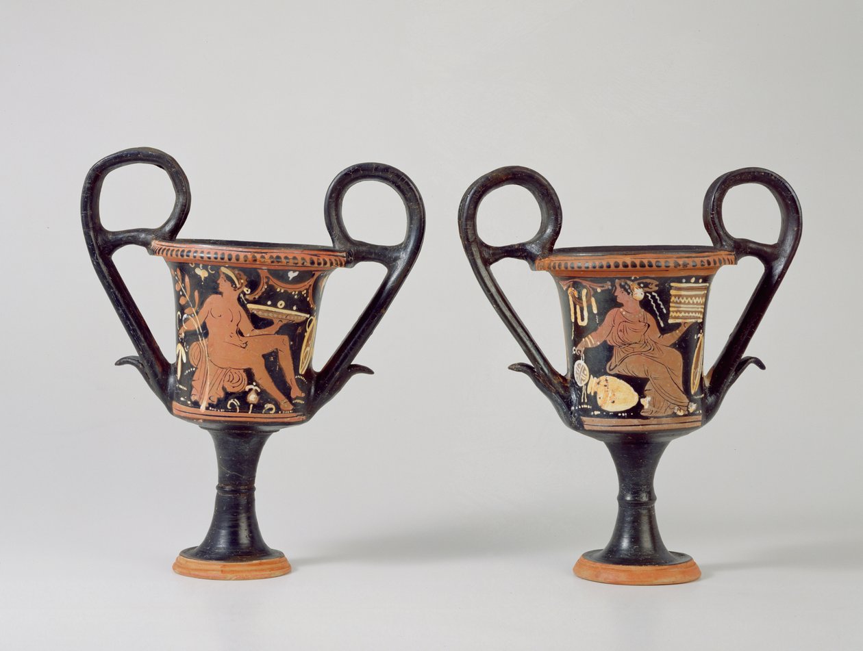 Czerwonofigurowe kantharos przedstawiające młodzieńca i kantharos przedstawiające kobietę, ok. 310 pne (ceramiczne) autorstwa Greek School