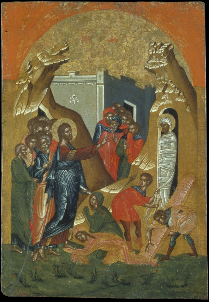 Zmartwychwstanie Łazarza (tempera jajowa na panelu) autorstwa Greek School