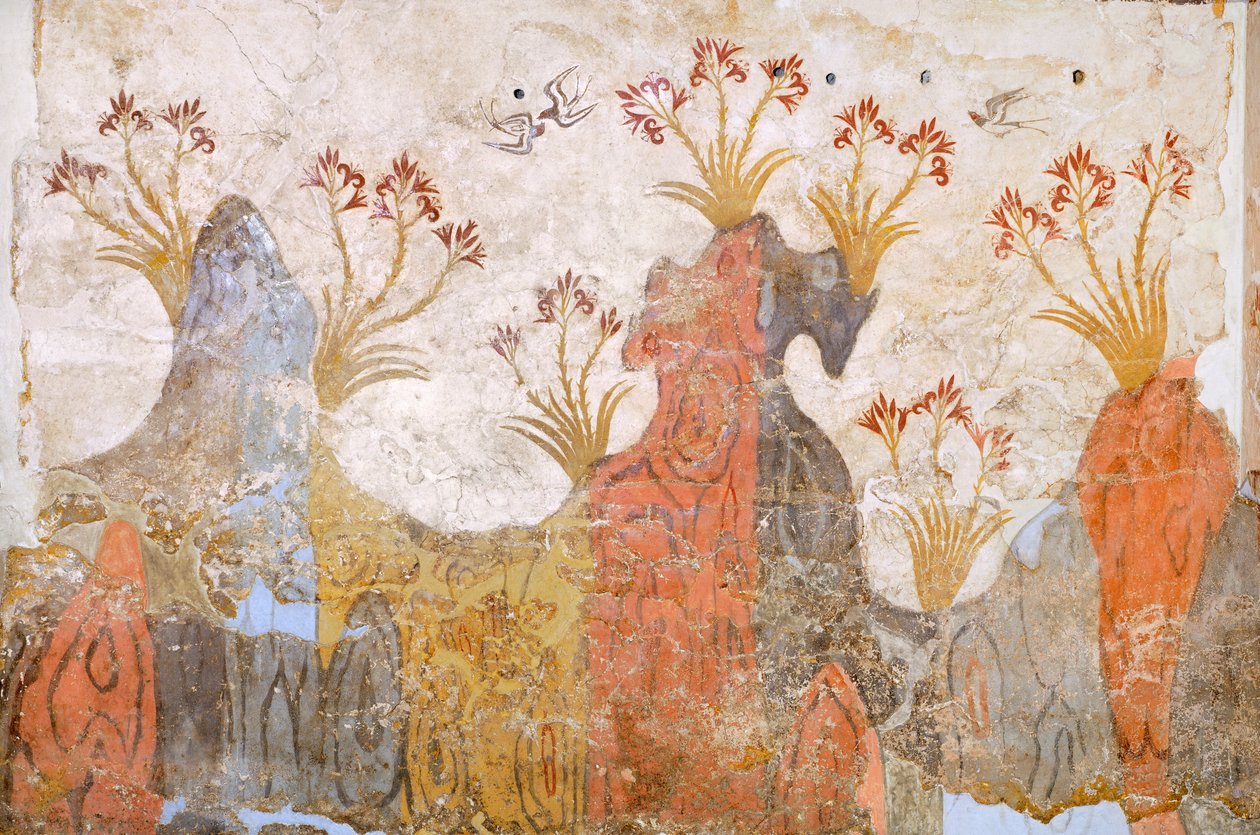 Pokój lilii lub źródła, fresk Akrotiri, Thera (dziś Santorini), Grecja, cywilizacja minojska autorstwa Greek School
