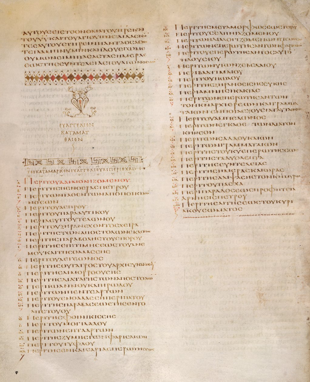 Tablica Kefalaia, Ewangelia św. Marka, z „Kodeksu Aleksandryjskiego” (welum) autorstwa Greek School
