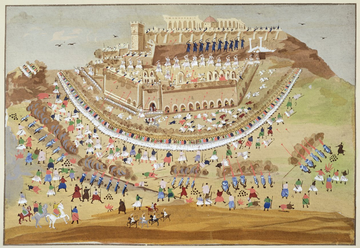 Oblężenie Aten w 1827 r., z obrazowej historii greckiej wojny o niepodległość autorstwa Greek School