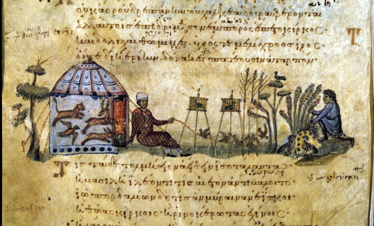 Polowanie na ptaki na wezwanie. Rękopis grecki Oppianusa De Venatione autorstwa Greek School