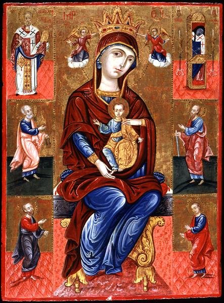 Dziewica ze Skopiotisa na tronie z Chrystusem i sześcioma świętymi, ok. 1700 (złoty liść i tempera na panelu) autorstwa Greek School