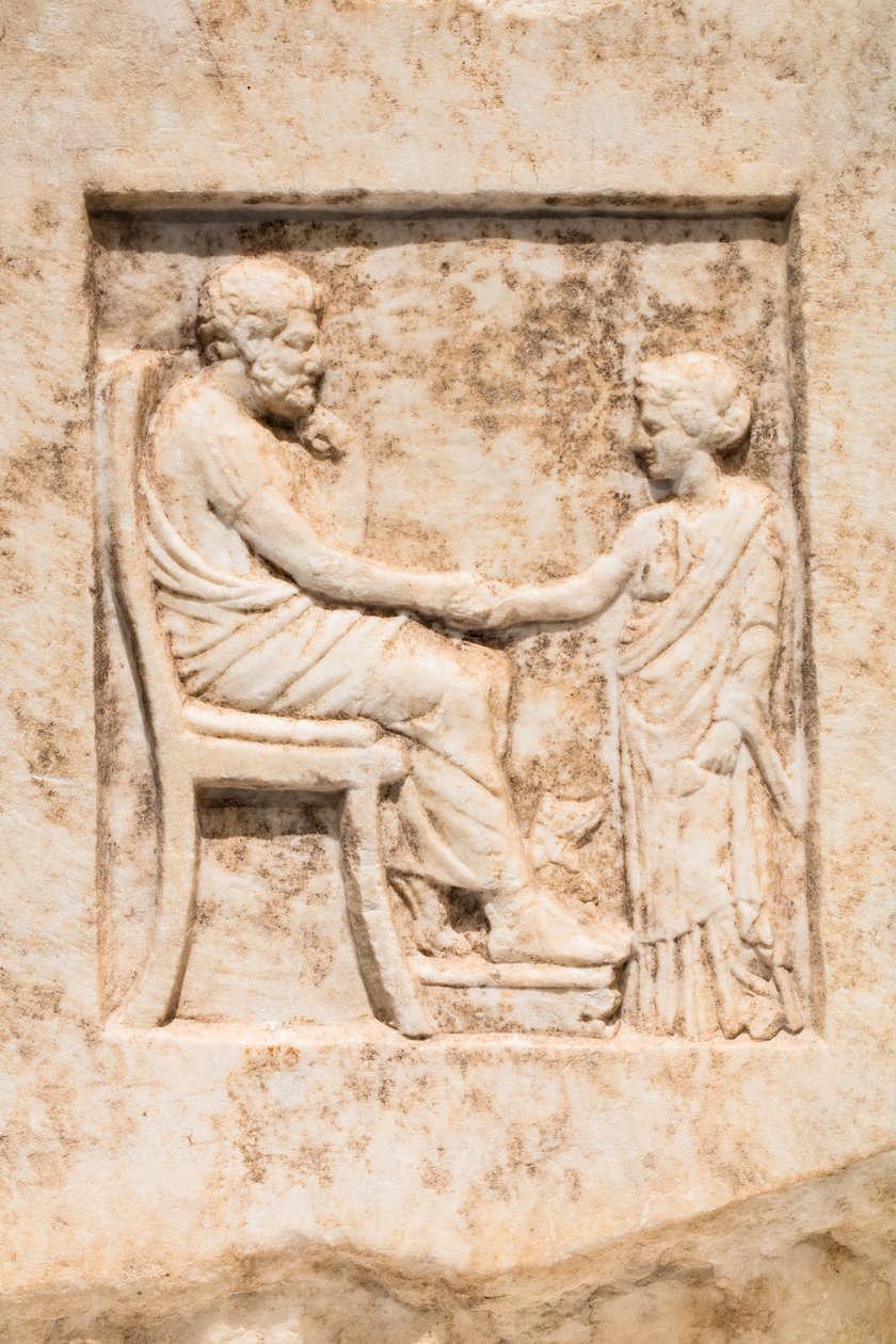 Stela pogrzebowa: młoda dziewczyna i jej ojciec z psem (marmur) autorstwa Greek School