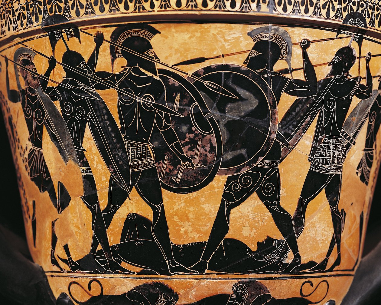 Cywilizacja grecka, ceramika z czarnymi figurami, krater przedstawiający walkę o ciało Patroklosa, z Farsala, Grecja autorstwa Greek School