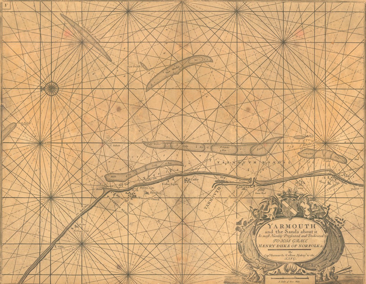 Mapa Yarmouth i okolicznych piasków, ok. 1700 r. (kolorowa rycina) autorstwa Greenvile Collins