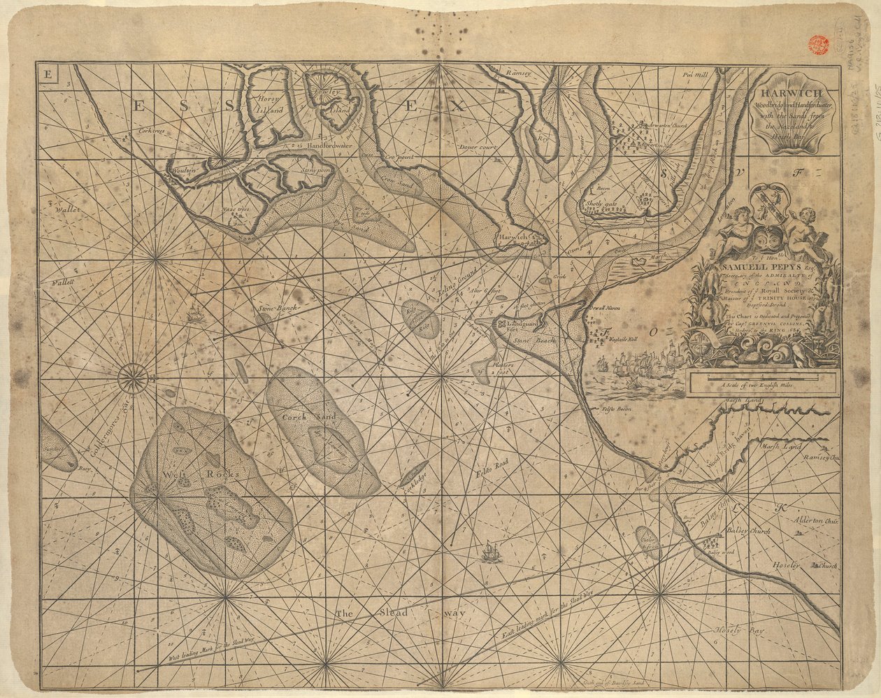 Mapa Morza Północnego z dedykacją "Ye Honble Samuel Pepys Esq by Captain Greenvil Collins Hydrog to the King 1686". autorstwa Greenvile Collins