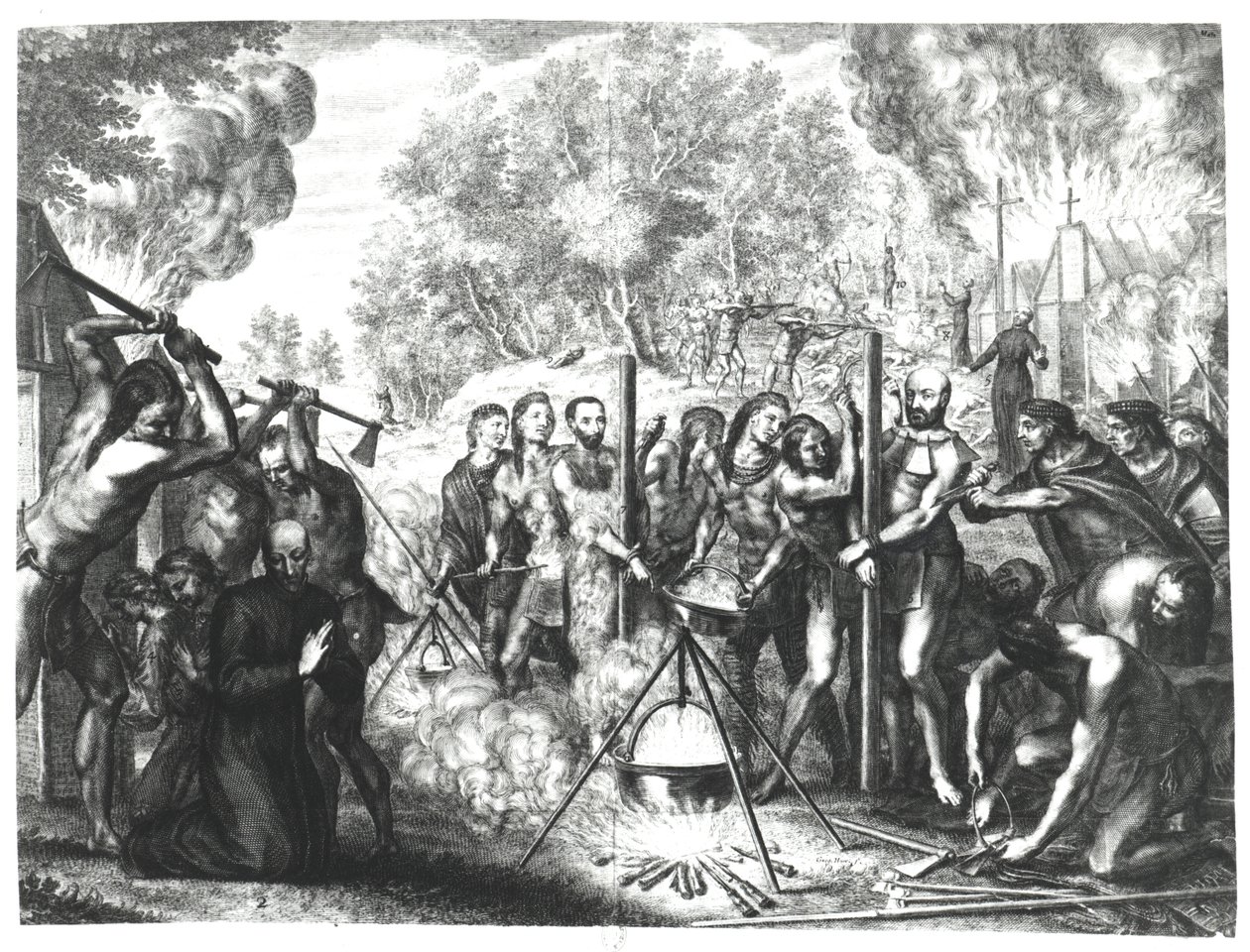 Śmierć niektórych ojców jezuitów w Nouvelle-France, z „Historiae Canadensis” Francois Ducreux, opublikowanej w 1664 r. autorstwa Gregoire Huret