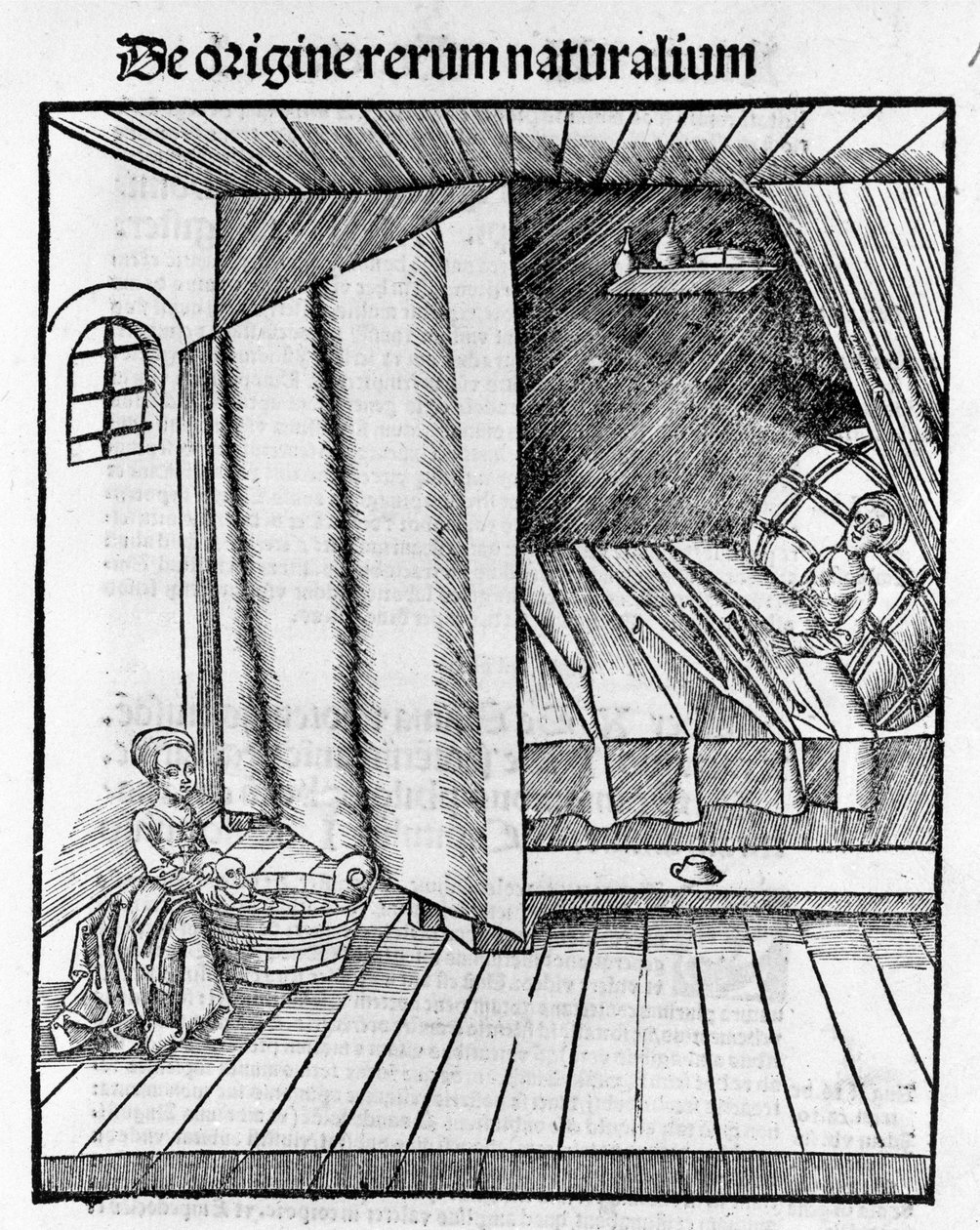 Położna myje noworodka, gdy matka odpoczywa. Grawerowanie - w „”Margarita Philosophica”” Gregora Reischa (1467-1525), Bazylea autorstwa Gregor Reisch